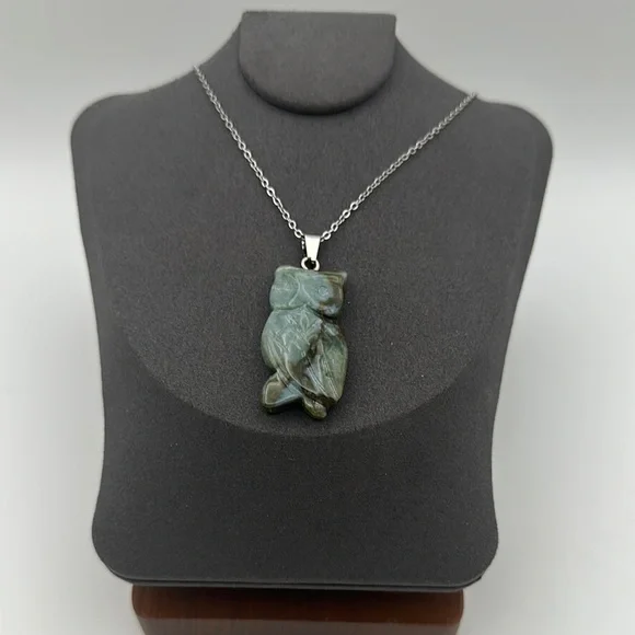 Ocean Jasper Owl Pendant Necklace on Silver Copper Chain - Picture 2 of 14